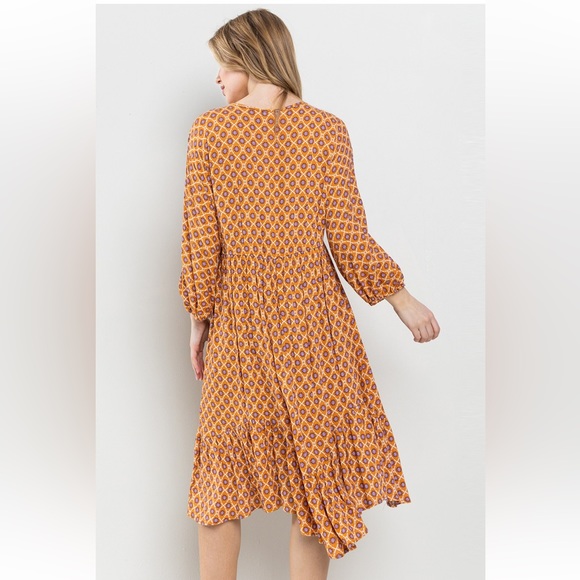 Boho . V-Neck Woven Print Tiered Midi Dress - Picture 4 of 5